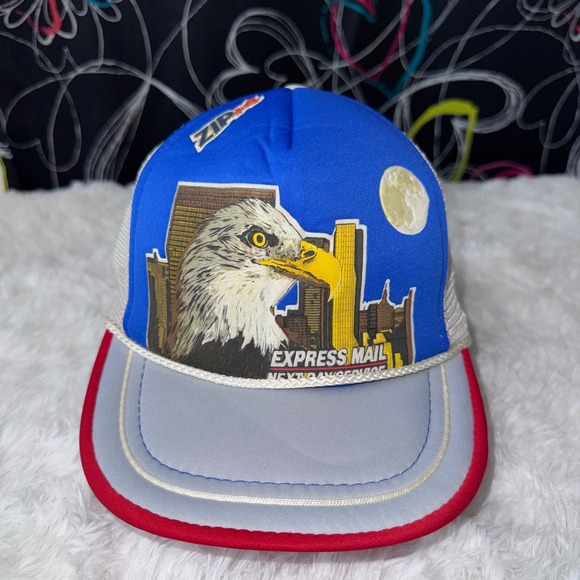 USPS Express Mail Trucker Hat Mens OSFM Blue Excellent Eagle Cityscape Vintage